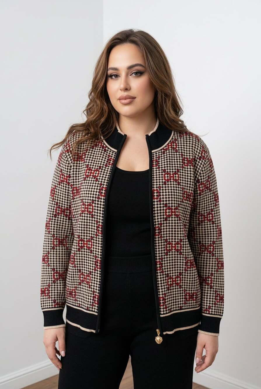 Anne Klein Black Multi Geometric Print Full Zip Knit Bomber Sweater Jacket XL